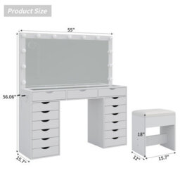Fusou White Dressing Table With Led Mirror, Vanity Table With Power Outlet, 13 Lights, 3 Colour Modes, Glass Top - thumbnail 2