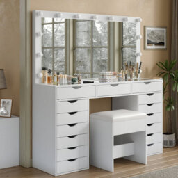 Fusou White Dressing Table With Led Mirror, Vanity Table With Power Outlet, 13 Lights, 3 Colour Modes, Glass Top - thumbnail 6