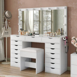 Fusou White Dressing Table With Led Mirror, Vanity Table With Power Outlet, 13 Lights, 3 Colour Modes, Glass Top - thumbnail 5