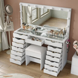 Fusou White Dressing Table With Led Mirror, Vanity Table With Power Outlet, 13 Lights, 3 Colour Modes, Glass Top - thumbnail 4
