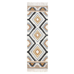 Homescapes Agra Handwoven Ochre Gold, Silver Grey And Black Diamond Pattern Kilim Wool Rug, 66 X 200 Cm - thumbnail 2