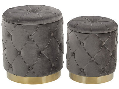 Beliani Grey Velvet Storage Pouffes With Gold Base - 2-Piece Button Tufted Set, Round Storage Ottomans - image 1