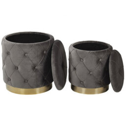 Beliani Grey Velvet Storage Pouffes With Gold Base - 2-Piece Button Tufted Set, Round Storage Ottomans - thumbnail 3