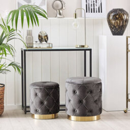Beliani Grey Velvet Storage Pouffes With Gold Base - 2-Piece Button Tufted Set, Round Storage Ottomans - thumbnail 2