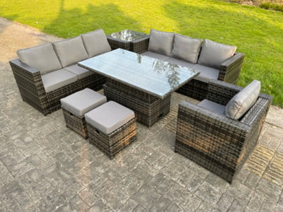 Fimous 9 Seater Outdoor Rattan Sofa Set Adjustable Rising Lifting Side Tables Chairs Footstool Dark Grey Mixed - image 1