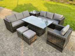 Fimous 9 Seater Outdoor Rattan Sofa Set Adjustable Rising Lifting Side Tables Chairs Footstool Dark Grey Mixed - thumbnail 2