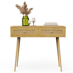 Vonhaus Dressing Table With Rattan Drawers, Bedroom Vanity Storage For Makeup, Computer Desk For Office, Console Table For Hallway - thumbnail 9