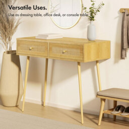 Vonhaus Dressing Table With Rattan Drawers, Bedroom Vanity Storage For Makeup, Computer Desk For Office, Console Table For Hallway - thumbnail 4