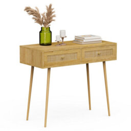 Vonhaus Dressing Table With Rattan Drawers, Bedroom Vanity Storage For Makeup, Computer Desk For Office, Console Table For Hallway
