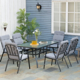 Outsunny 7 Pcs Garden Dining Set W/ Umbrella Hole & Cushion, Grey - thumbnail 1
