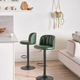 Wyld And Coco Dark Green Faux Leather Swivel Bar Stools Set Of 2 With Black Footrests, Retro Style - thumbnail 2