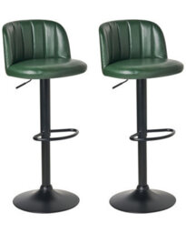 Wyld And Coco Dark Green Faux Leather Swivel Bar Stools Set Of 2 With Black Footrests, Retro Style - thumbnail 3