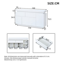 Btm White High Gloss Sideboard 140 X 35 X 72.5 Cm With Rgb Led Lights, App Controlled Storage Cabinet With 4 Doors And 2 Drawers - thumbnail 5