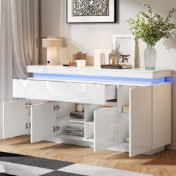 Btm White High Gloss Sideboard 140 X 35 X 72.5 Cm With Rgb Led Lights, App Controlled Storage Cabinet With 4 Doors And 2 Drawers - thumbnail 4