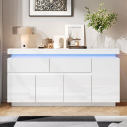 Btm White High Gloss Sideboard 140 X 35 X 72.5 Cm With Rgb Led Lights, App Controlled Storage Cabinet With 4 Doors And 2 Drawers - thumbnail 7
