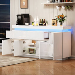 Btm White High Gloss Sideboard 140 X 35 X 72.5 Cm With Rgb Led Lights, App Controlled Storage Cabinet With 4 Doors And 2 Drawers - thumbnail 6