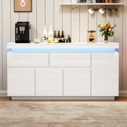 Btm White High Gloss Sideboard 140 X 35 X 72.5 Cm With Rgb Led Lights, App Controlled Storage Cabinet With 4 Doors And 2 Drawers