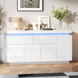 Btm White High Gloss Sideboard 140 X 35 X 72.5 Cm With Rgb Led Lights, App Controlled Storage Cabinet With 4 Doors And 2 Drawers - thumbnail 3