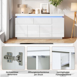 Btm White High Gloss Sideboard 140 X 35 X 72.5 Cm With Rgb Led Lights, App Controlled Storage Cabinet With 4 Doors And 2 Drawers - thumbnail 9