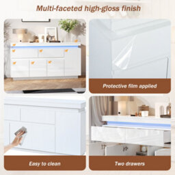 Btm White High Gloss Sideboard 140 X 35 X 72.5 Cm With Rgb Led Lights, App Controlled Storage Cabinet With 4 Doors And 2 Drawers - thumbnail 8