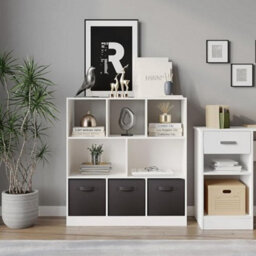 Urbn-Living Urbnliving Asymmetrical 8 Cube White Bookcase Storage Unit With 3 Fabric Drawer Inserts- Black - thumbnail 2