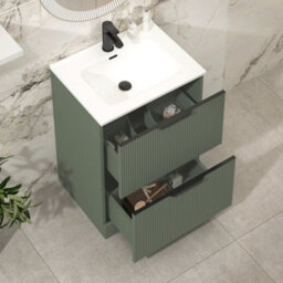 Royal Bathrooms Evora 700mm Sage Green Fluted Floor Standing Vanity Unit 2 Drawer Cabinet With Ceramic Basin & Matt Black Handles - thumbnail 4