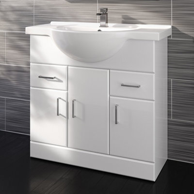Ibathuk 850mm White Gloss Basin Vanity Cabinet Bathroom Storage Furniture Sink Unit - image 1