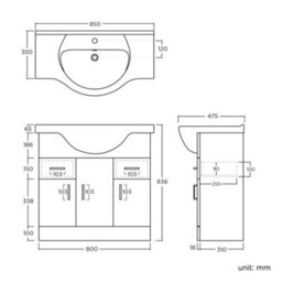 Ibathuk 850mm White Gloss Basin Vanity Cabinet Bathroom Storage Furniture Sink Unit - thumbnail 3