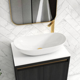 Royal Bathrooms Orion 600mm Hale Black Wall Hung Plain White Countertop Vanity Unit 2 Drawer With Cesar Basin & Brushed Brass Accent Trim - thumbnail 5