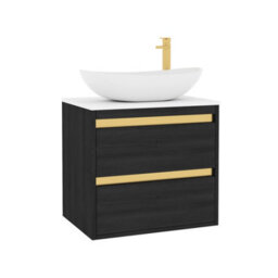 Royal Bathrooms Orion 600mm Hale Black Wall Hung Plain White Countertop Vanity Unit 2 Drawer With Cesar Basin & Brushed Brass Accent Trim - thumbnail 6