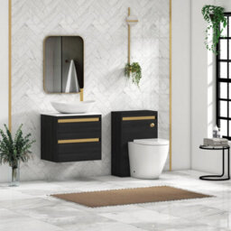 Royal Bathrooms Orion 600mm Hale Black Wall Hung Plain White Countertop Vanity Unit 2 Drawer With Cesar Basin & Brushed Brass Accent Trim - thumbnail 3