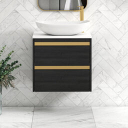 Royal Bathrooms Orion 600mm Hale Black Wall Hung Plain White Countertop Vanity Unit 2 Drawer With Cesar Basin & Brushed Brass Accent Trim - thumbnail 1