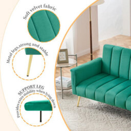 Btm Folding Sofa Bed With Support Legs, Velvet Convertible Sleeper Sofa, Green - thumbnail 7