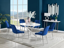 Furniturebox Novara White High Gloss 120Cm Round Dining Table With Chrome Starburst Legs & 6 Navy Pesaro Velvet Chairs - thumbnail 1