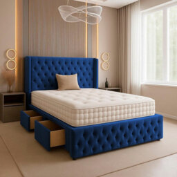 Slumbre Chesterfield Plush Velvet Divan Bed, Winged Headboard, Mattress & Footboard - 5Ft Kingsize - Blue - 2 Drawers Right Side