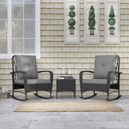 Outsunny Rattan Bistro Set Balcony Furniture With Rocking Chairs, Black - thumbnail 9