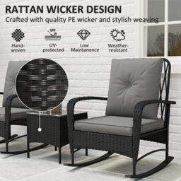 Outsunny Rattan Bistro Set Balcony Furniture With Rocking Chairs, Black - thumbnail 5