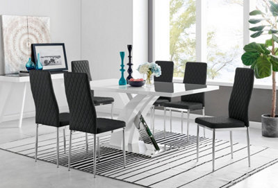 Furniturebox Atlanta White High Gloss And Chrome 6 Seater Dining Table With Statement X Shaped Legs And 6 Black Faux Leather Milan Chairs - image 1