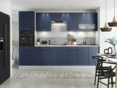 Impact Furniture Kitchen Cabinets Set Complete 9 Units Tall Oven Housing Glass Display Dark Navy Blue Cupboards 300Cm Fitted Diy Nora - image 1