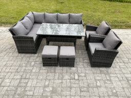 Fimous 10 Seater Outdoor Rattan Garden Furniture Set With Rectangular Dining Table 2 Small Footstool 2 Armchairs Patio Wicker - thumbnail 2