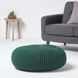 Homescapes Forest Green Large Round Cotton Knitted Pouffe Footstool - thumbnail 2