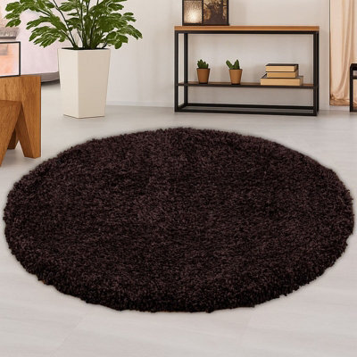 STALWART 120Cm Round Brown Shaggy Rug - 5Cm Thick Pile Soft Touch Modern Round Rug - Washable Area Rug - image 1