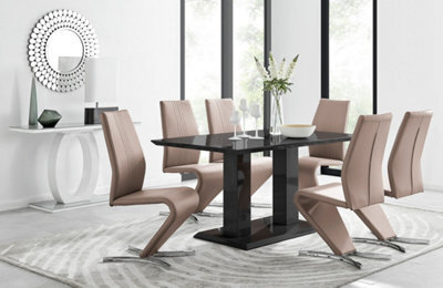 Furniturebox Imperia Black High Gloss 6 Seater Dining Table With Structural 2 Plinth Column Legs And 6 Beige Faux Leather Willow Chairs - image 1