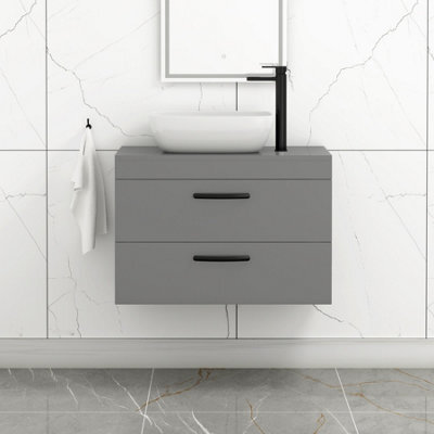 Royal Bathrooms 800mm Wall Hung Vanity Unit 2 Drawer Indigo Grey Gloss & Elva Countertop Basin With Matt Black Handle - image 1