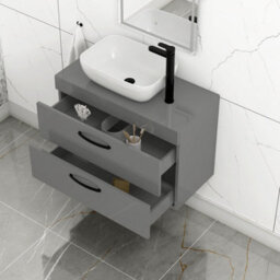 Royal Bathrooms 800mm Wall Hung Vanity Unit 2 Drawer Indigo Grey Gloss & Elva Countertop Basin With Matt Black Handle - thumbnail 3