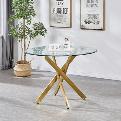 Furniture in Fashion Daytona Round Clear Glass Dining Table With Brushed Gold Legs - image 1