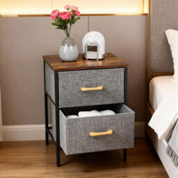 2 Drawer Fabric Chest Of Drawers Wooden Top And Metal Frame Lightweight Bedroom Storage Unit Brown Wood Grey Drawers - thumbnail 5