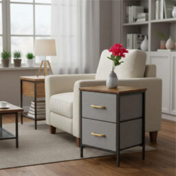 2 Drawer Fabric Chest Of Drawers Wooden Top And Metal Frame Lightweight Bedroom Storage Unit Brown Wood Grey Drawers - thumbnail 8