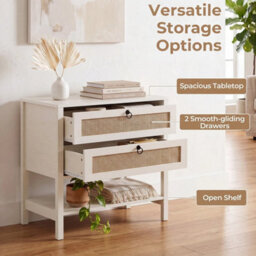 Wide Bedside Cabinet Boho Sofa End Table With Rattan Front Storage - thumbnail 6