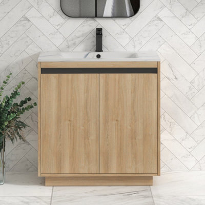 Royal Bathrooms Orion 800mm Natural Oak 2 Door Floor Standing Bathroom Vanity Unit With Carrara White Basin & Black Accent Trim - image 1